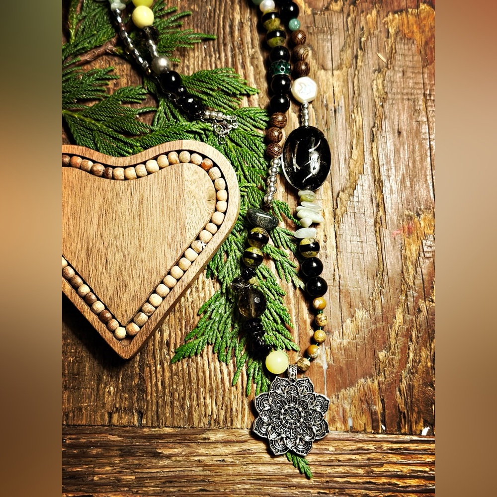 SOLD Mandala #1 Lotus Silver Mandala Green Botanical Necklace